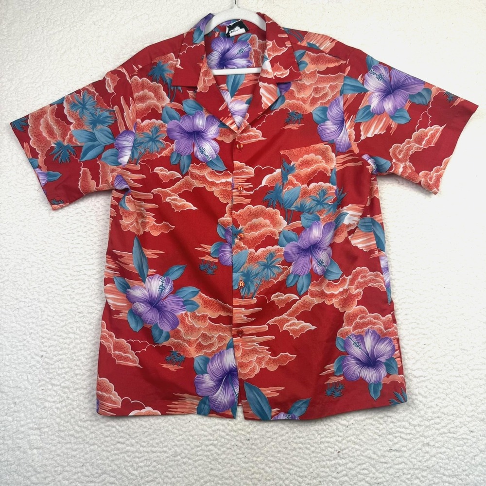 Hilo Hattie Shirt Mens XL Red Hawaiian Aloha Floral Made In Hawaii Button Front
